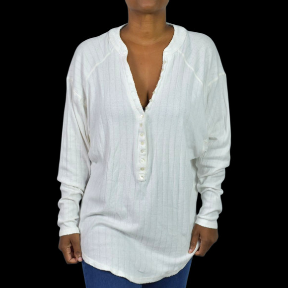 Free People Coffee Chat Pullover Top White Henley Pointelle Knit Oversize Medium - Picture 13 of 13